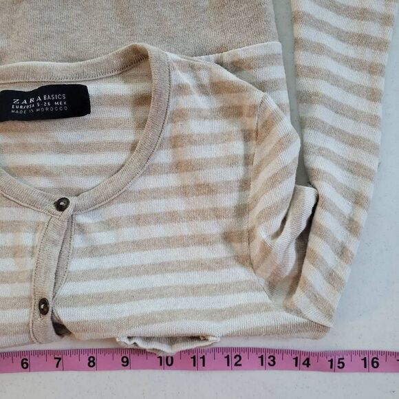 Zara Basics Womens Small Button Front Cardigan Sweater Tan Khaki White Stripe - Picture 5 of 6